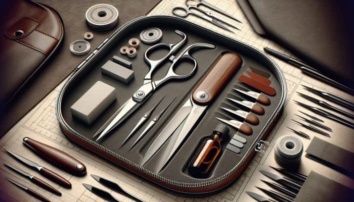Sharp scissors in a protective case with sharpening stone and oil, on fabric pieces.