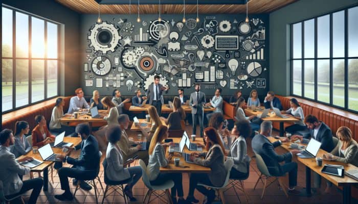 A digital marketing strategy meeting in a Budleigh Salterton café with small business owners collaborating with a consultant.