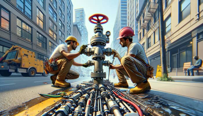 Illustration of water valve replacement in West End, Vancouver, featuring tools and workers at a job site.