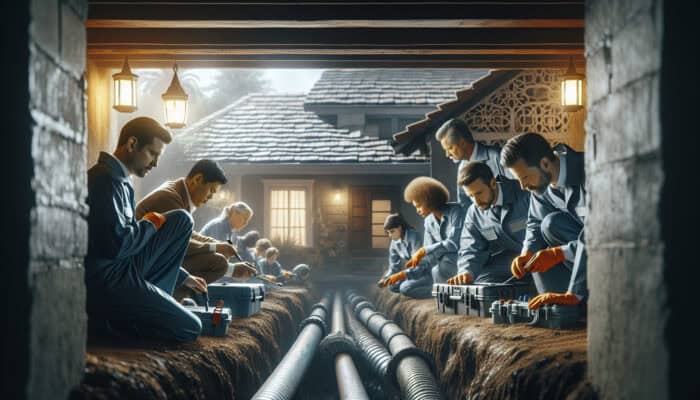 A team of experts inspecting a damp crawl space in Mission to improve drainage.