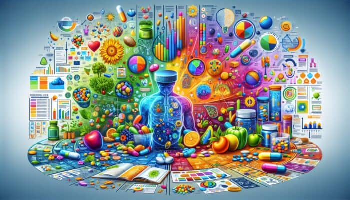 A colorful infographic showcasing the benefits and uses of dietary supplements, appealing to various learning styles.