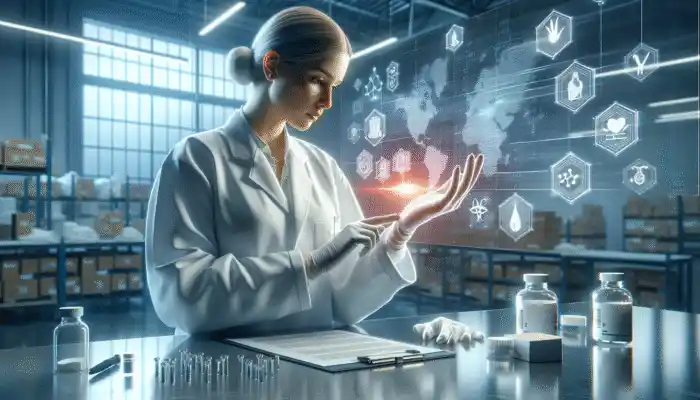 A healthcare professional evaluating sterile gloves in a modern Ashford warehouse, complemented by analysis charts and supplier logos.