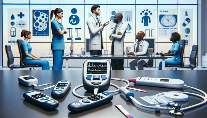 Diabetes Blood Test in Airdrie: Infographic featuring glucose meters, test strips, and medical professionals.