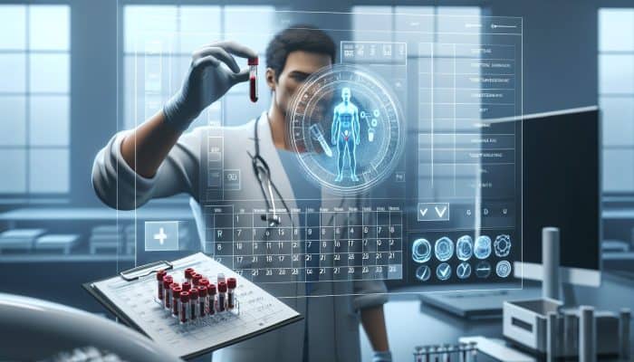 Individual in a lab with a testosterone vial, checklist, and calendar, preparing for their blood test.