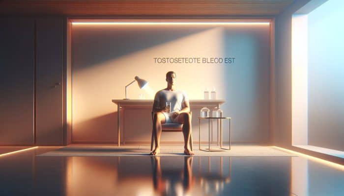 Individual fasting for their testosterone test, calmly drinking water in a serene, minimalist environment.