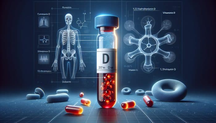 Illustration depicting a Vitamin D blood test vial along with components such as 25(OH)D, 1,25(OH)2D, bones, and immune cells.