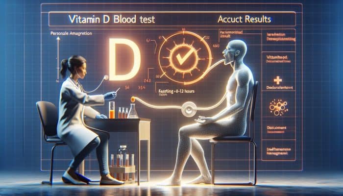 Person fasting for 8-12 hours before vitamin D test, consulting healthcare provider for personalized health advice.