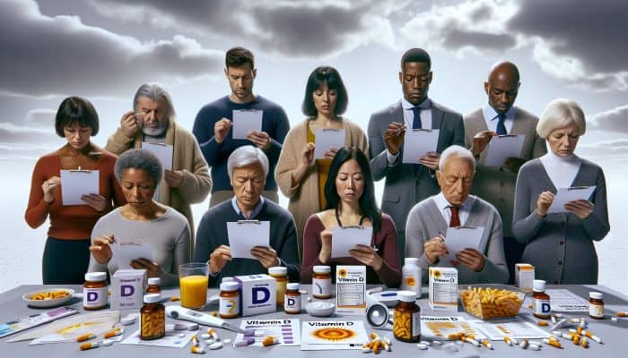 UK adults testing vitamin D levels at home during winter, with supplements and cloudy skies.