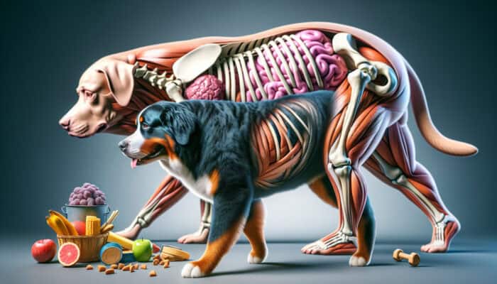 Bernese Mountain Dog with hip and elbow dysplasia, struggling due to joint pain and obesity.