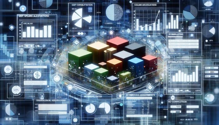 A digital interface showing various debt consolidation loan options with graphs and data visualizations.