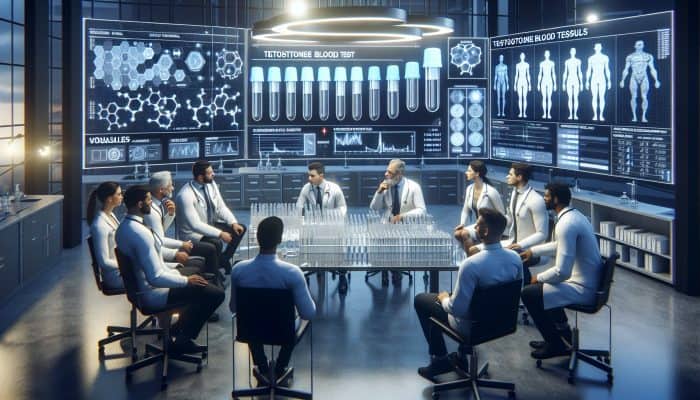 Expert medical professionals in a Blackburn lab analyze testosterone blood test results, surrounded by test tubes, graphs, and charts.