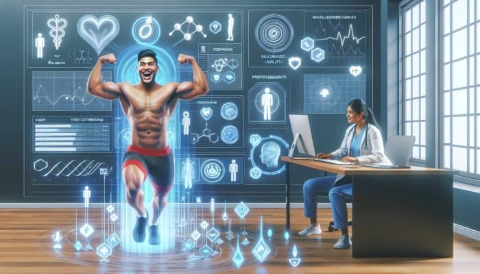 In a modern Blackburn clinic, a satisfied patient flexes muscles while a doctor reviews testosterone test results on a screen with research charts.