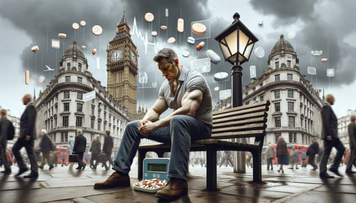 Does Low Testosterone Increase Body Fat?: A weary, overweight man in his 40s slouches on a bench in a bustling London street under grey skies, with pills and scales nearby.