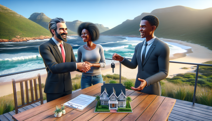 A smiling real estate agent hands keys to a diverse couple on a sunny beachfront deck in Plettenberg Bay, with ocean waves, green hills, and property documents nearby.