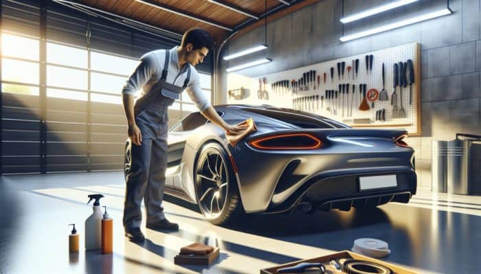Experienced professional applying car wax with a microfiber cloth on a sleek sports car in a sunlit garage for a stunning shine.