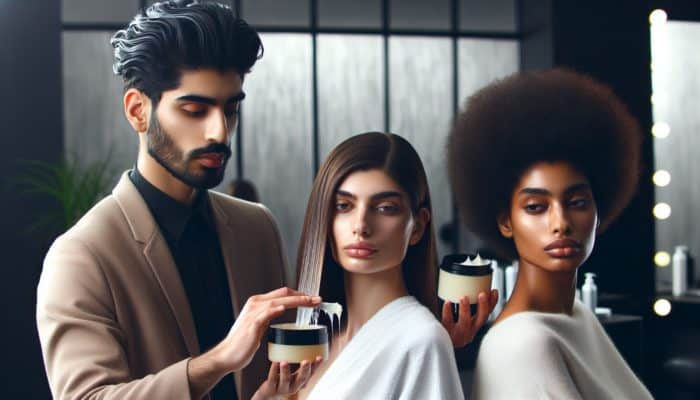 A stylist in a contemporary salon demonstrates wax application on three models with varying hair types: fine straight hair with minimal product, thick wavy hair for strong texture, and defined curls for natural bounce.